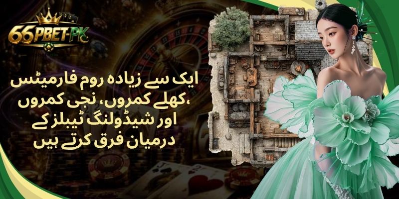 ایک سے زیادہ روم فارمیٹس کھلے کمروں، نجی کمروں، اور شیڈولنگ ٹیبلز کے درمیان فرق کرتے ہیں